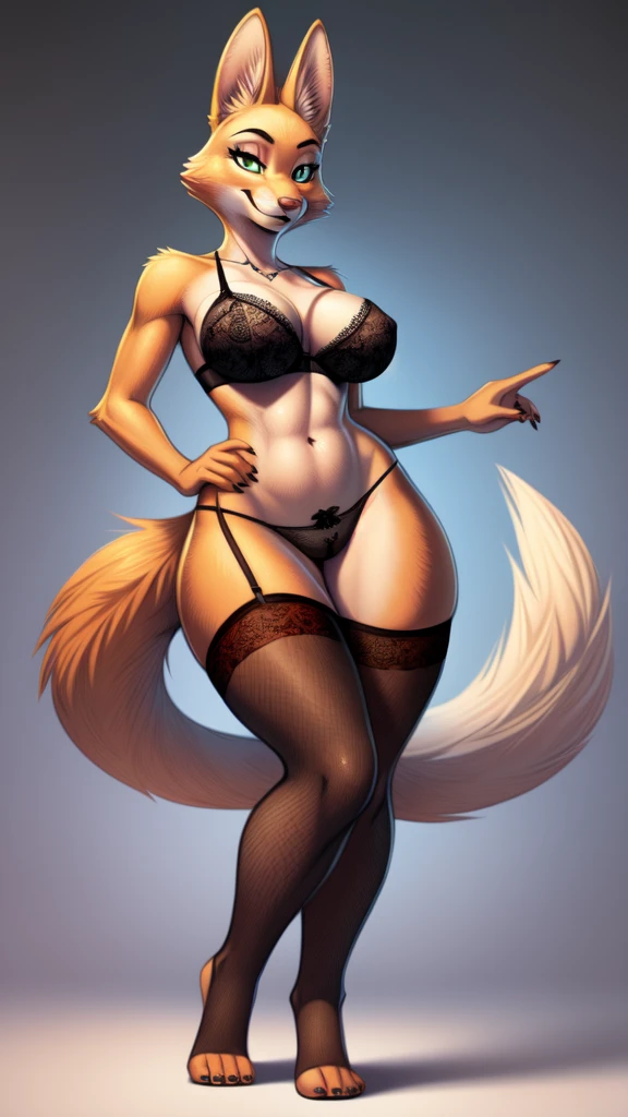 diana Foxington, orange girl-antro-fox, green pupils, black lips, eyelashes, eyebrow piercing, full-body shot, full-length, in underwear, fox tail, perfect tail arrangement, gorgeous fox fur, sexy pose, fluffy woman, (high resolution) (hyperrealistic fur) (in a lace bra and lace panties)voluminous breasts, piercing in the left eyebrow,stockings,high resolution,voluminous hips