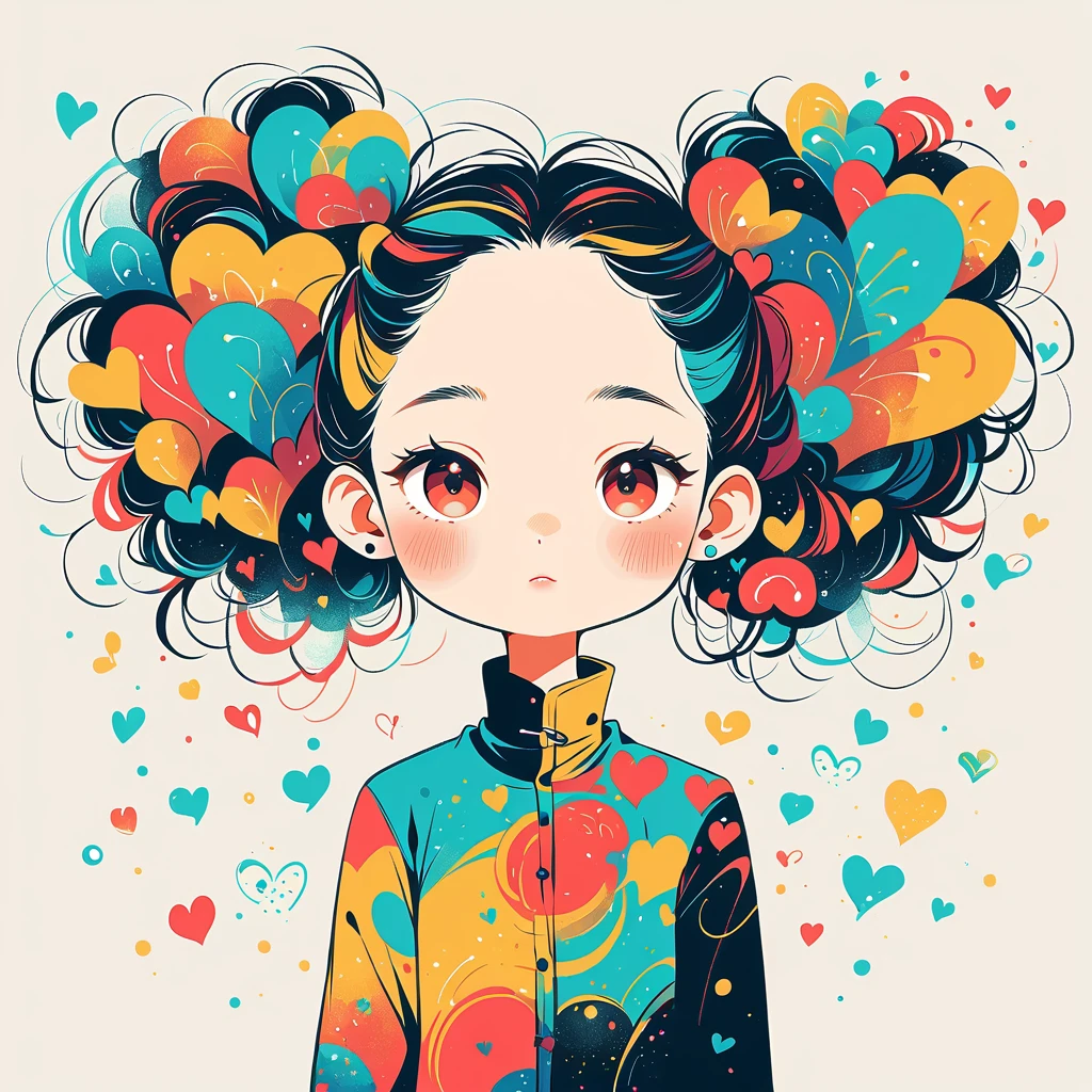 Black Star Red and White style, Simple Line Initialism，Abstract art，Urban Background, colorful hearts ,(((The most beautiful girl of all time))),