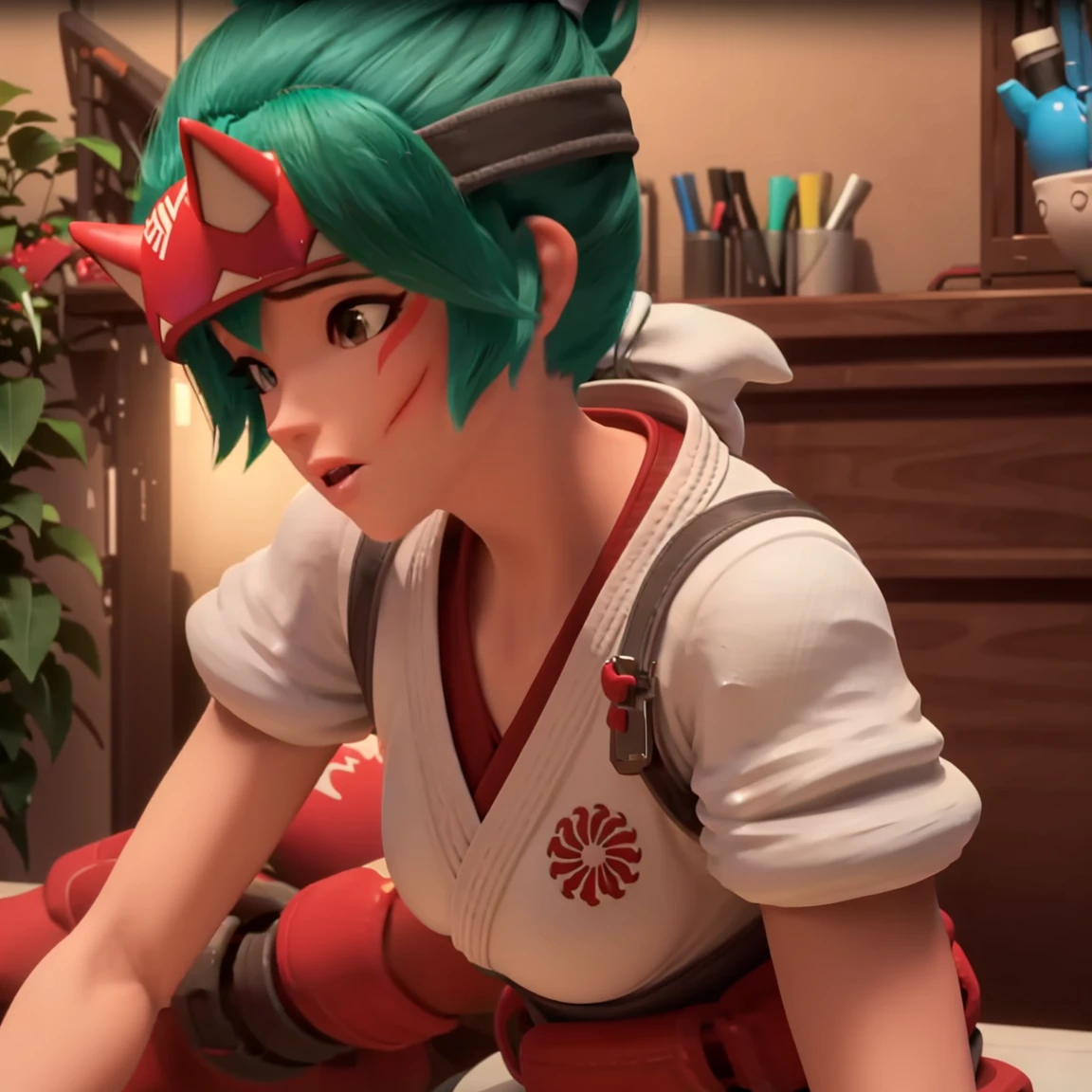 (owkiriko), kiriko \(overwatch\), green hair:0.7, red fox helmet, red sneakers, outside, blushing, underwear, lingerie, ass, , nsfw, bending over, sexy, bra