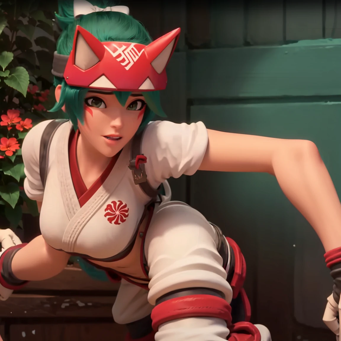  (owkiriko), kiriko \(overwatch\), green hair:0.7, red fox helmet, red sneakers, outside, blushing, underwear, lingerie, ass, , nsfw, bending over, sexy, bra