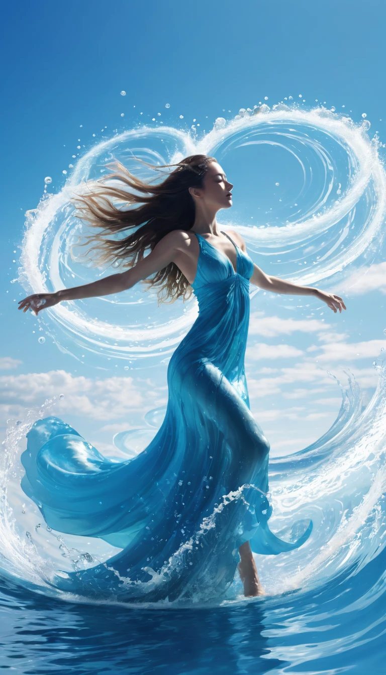 score_9, score_8_up, (solo) pool of water, water rings, (one dancing woman silhouette floating far in the waves with both her arm raised:1.3), absurdly long hair flowing along the waves, engulfed by water, blue sky, white clouds in circles, (dynamic pose) abstract, (blue shades), (azure tones), easynegative, water particles, particles
