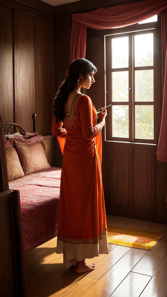 : A young woman's bedroom in India, bathed in the soft afternoon light filtering through a large window. The room is decorated with vibrant textiles and warm wood furniture, but a sense of melancholy hangs in the air.

Character: An Indian woman in her late teens, early twenties. Her long, dark hair cascades down her back in gentle waves. Her beauty is undeniable, with warm brown skin, large, expressive eyes (color of your choice) and a delicate nose. However, her eyes are downcast, and a frown creases her brow.

Details:

She's dressed in a simple salwar kameez, the fabric contrasting with the ornately patterned curtains framing the window.
Raindrops streak the glass, blurring the vibrant scene outside. Is it a sudden downpour interrupting a sunny day, or a gentle, melancholic drizzle?
On the windowsill sits a single wilting marigold flower, its vibrant orange a stark contrast to her mood.
A half-written letter lies crumpled on the floor beside her.
Possible Emotions:

Loneliness
Longing
Disappointment
Frustration
Uncertainty
Prompt Questions:

What's causing her sadness? Is it a fight with a loved one, a missed opportunity, or a deeper, existential worry?
What's the story behind the crumpled letter? Was it a love confession, a heartfelt plea, or a goodbye?
Is there a flicker of hope in her eyes despite the sadness? What might bring her a smile?
Bonus:

Give the scene a title that reflects the character's emotions.
I hope this detailed prompt helps you create a beautiful and evocative image!




tune


share


more_vert


expand_content
add_photo_alternatephoto_camera

mic
send
Gemini may display inaccurate info, including about people, so double-check its responses. Your privacy and 