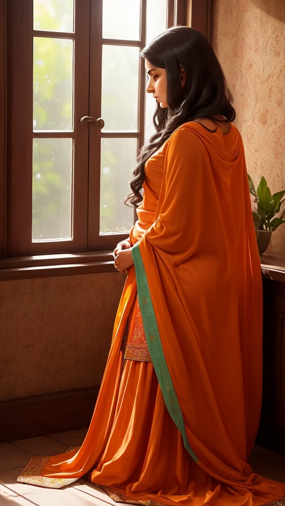 : A young woman's bedroom in India, bathed in the soft afternoon light filtering through a large window. The room is decorated with vibrant textiles and warm wood furniture, but a sense of melancholy hangs in the air.

Character: An Indian woman in her late teens, early twenties. Her long, dark hair cascades down her back in gentle waves. Her beauty is undeniable, with warm brown skin, large, expressive eyes (color of your choice) and a delicate nose. However, her eyes are downcast, and a frown creases her brow.

Details:

She's dressed in a simple salwar kameez, the fabric contrasting with the ornately patterned curtains framing the window.
Raindrops streak the glass, blurring the vibrant scene outside. Is it a sudden downpour interrupting a sunny day, or a gentle, melancholic drizzle?
On the windowsill sits a single wilting marigold flower, its vibrant orange a stark contrast to her mood.
A half-written letter lies crumpled on the floor beside her.
Possible Emotions:

Loneliness
Longing
Disappointment
Frustration
Uncertainty
Prompt Questions:

What's causing her sadness? Is it a fight with a loved one, a missed opportunity, or a deeper, existential worry?
What's the story behind the crumpled letter? Was it a love confession, a heartfelt plea, or a goodbye?
Is there a flicker of hope in her eyes despite the sadness? What might bring her a smile?
Bonus:

Give the scene a title that reflects the character's emotions.
I hope this detailed prompt helps you create a beautiful and evocative image!




tune


share


more_vert


expand_content
add_photo_alternatephoto_camera

mic
send
Gemini may display inaccurate info, including about people, so double-check its responses. Your privacy and 