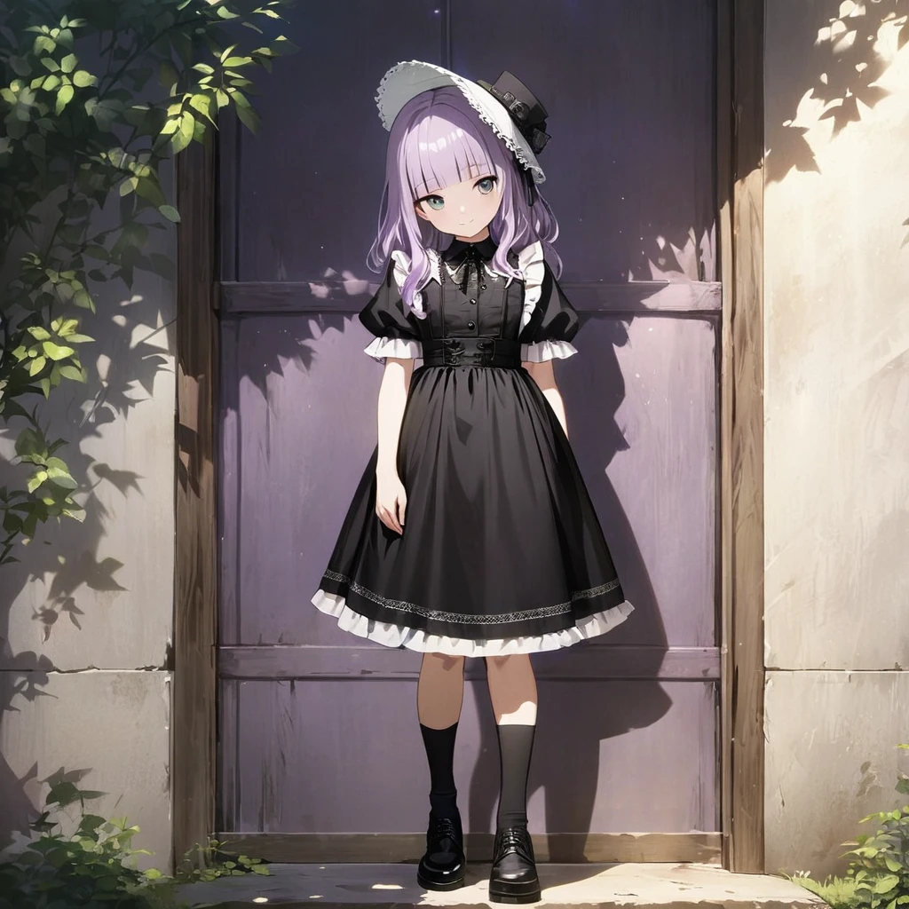 (Cute a girl:1.5), (masterpiece:1.3), anime visual, (Lovey-dovey:1.5), (tilt head:1.3), extremely delicate face, realistic lighting and shading, (an extremely delicate and beautiful art:1.3),,smiling,(pale purple wavy and blunt bangs hair,green and black eyes:1.5)from front,fullbody shot,full body shot,White brim, black gothic maid outfit, lace parasol, black knee-high socks, leather shoes, outdoors,morning lit,