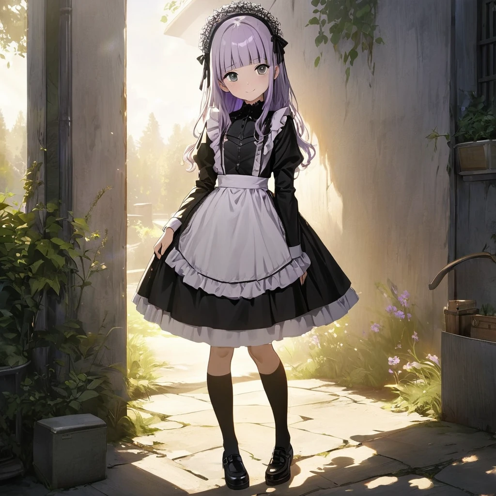 (Cute a girl:1.5), (masterpiece:1.3), anime visual,  (Lovey-dovey:1.5), (tilt head:1.3), extremely delicate face, realistic lighting and shading, (an extremely delicate and beautiful art:1.3),15 years old,smiling,(pale purple wavy and blunt bangs hair,green and black eyes:1.5)from front,fullbody shot,full body shot,White brim, black gothic maid outfit, lace parasol, black knee-high socks, leather shoes, outdoors,morning lit,