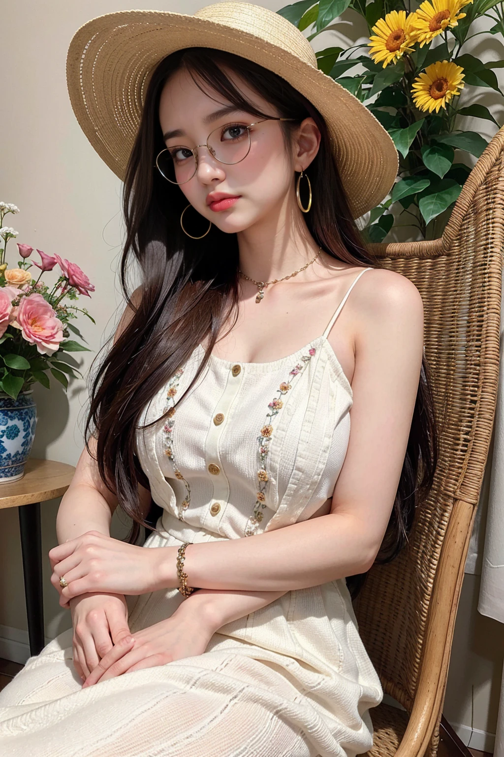 The captivatingly realistic photograph captures a young woman with long, wavy hair, round glasses and a wide-brimmed hat. She wears a choker necklace and multiple bracelets around her wrists. She is dressed in a very fashionable outfit, with a serene and artistic feel accentuated by the intricate floral pattern. The overall composition, in which the woman sits surrounded by a variety of flowers and plants, creates a vibrant and harmonious atmosphere.