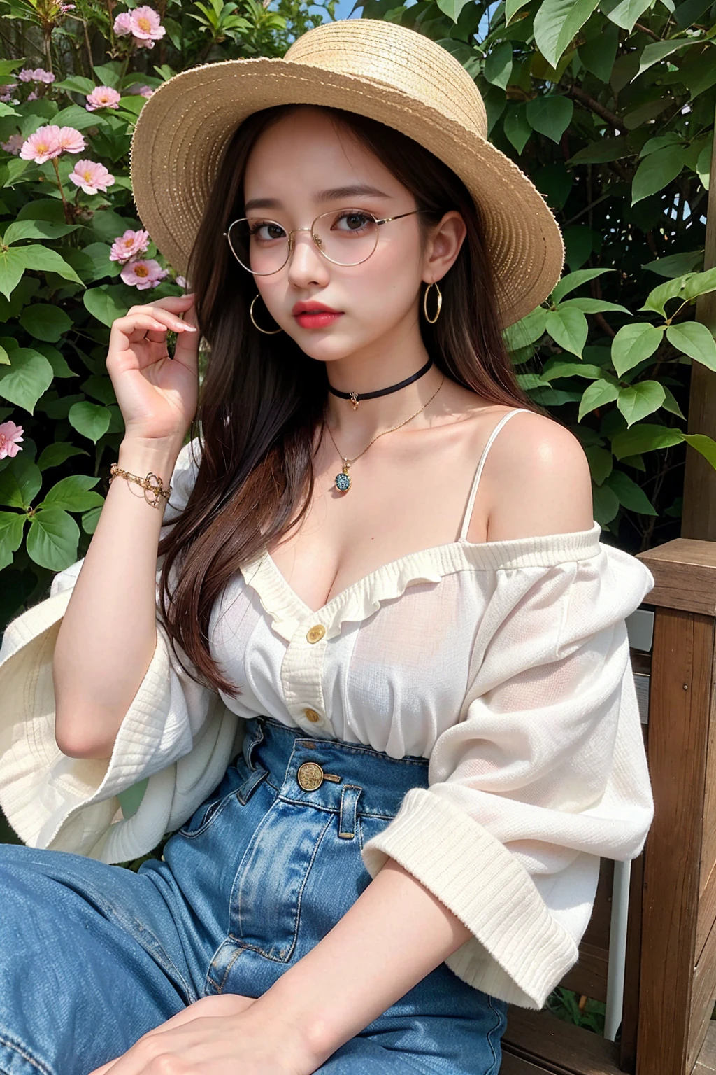 The captivatingly realistic photograph captures a young woman with long, wavy hair, round glasses and a wide-brimmed hat. She wears a choker necklace and multiple bracelets around her wrists. She is dressed in a very fashionable outfit, with a serene and artistic feel accentuated by the intricate floral pattern. The overall composition, in which the woman sits surrounded by a variety of flowers and plants, creates a vibrant and harmonious atmosphere.