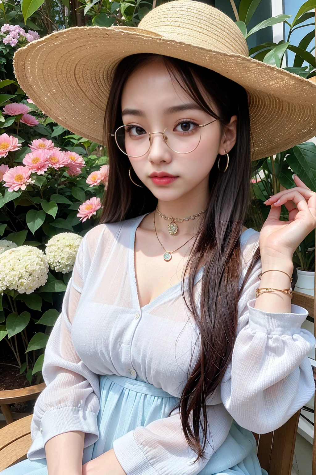 The captivatingly realistic photograph captures a young woman with long, wavy hair, round glasses and a wide-brimmed hat. She wears a choker necklace and multiple bracelets around her wrists. She is dressed in a very fashionable outfit, with a serene and artistic feel accentuated by the intricate floral pattern. The overall composition, in which the woman sits surrounded by a variety of flowers and plants, creates a vibrant and harmonious atmosphere.