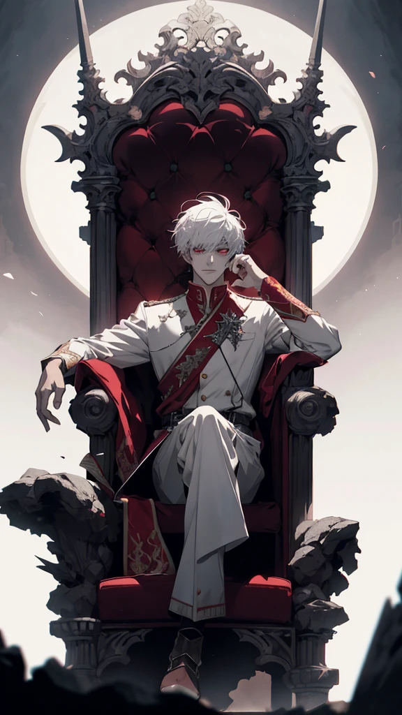 white haired, A red-eyed man sits on a majestic throne inside an ruinscape place, and simple white outfit, red eye, Masterpiece, Best Quality, Ultra-detailed, illustartion, concept art in 8K resolution, Fantasy art, epic art, concept art wallpaper 4k, Deep color, natural lighting