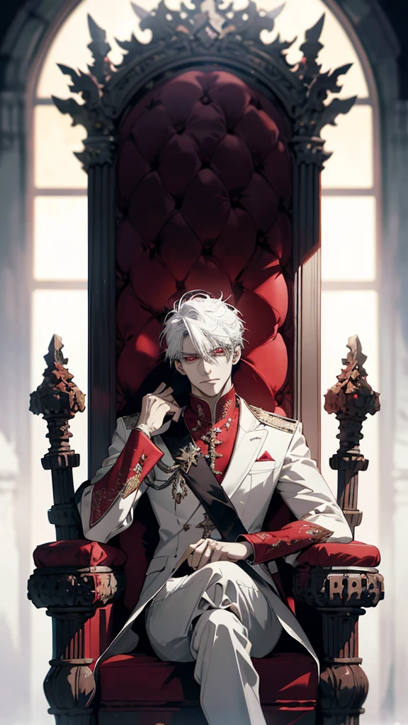 white haired, A red-eyed man sits on a majestic throne inside an ruinscape place, and simple white outfit, red eye, Masterpiece, Best Quality, Ultra-detailed, illustartion, concept art in 8K resolution, Fantasy art, epic art, concept art wallpaper 4k, Deep color, natural lighting
