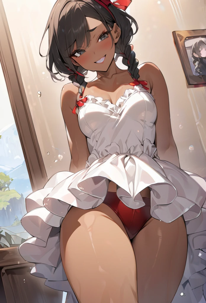 (anime style),masterpiece, best quality, extremely detailed,tanned skin,dark skin Beautiful body,BREAK,multicolored colorful hair,short hair,twin braids,BREAK,black eyes,happy smile,shy,eyebrow,smug,open mouth,eyes widen,sensual face,smile face,detailed lips,False eyelashes,BREAK,cotton red big ribbon,BREAK, blackow camisole dress,frilled clothing,bridal gown,lmicroskirt,break,head tilt,lovers picture