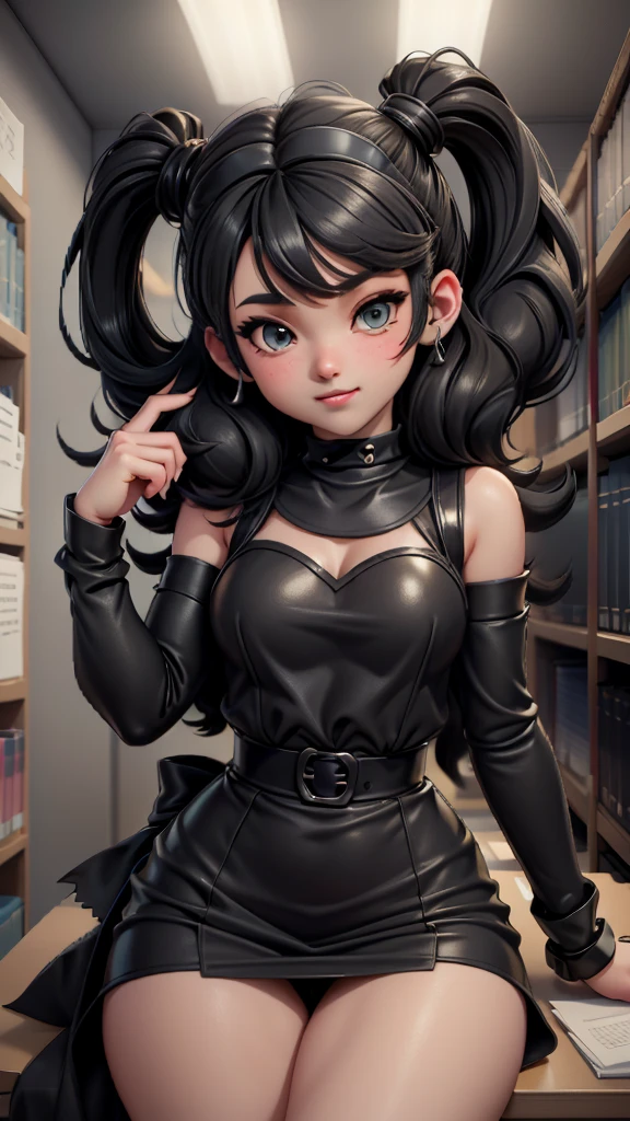 cute girl, black and gray Siphonaptera type chibi, bright eyes with cute anime style expressions, in a library ("MSX" written on the head), retro style clothes with pixel art motifs, happy, playful, in a library , writing 
