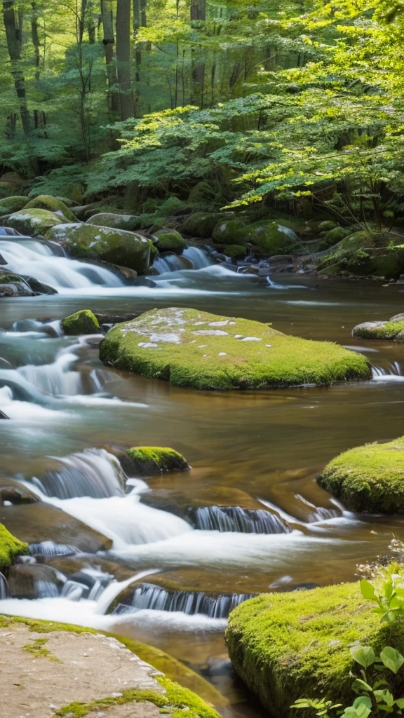 Create a serene and tranquil landscape that evokes feelings of peace and relaxation. The scene should include a gently flowing river winding through a lush, green forest. Soft sunlight filters through the trees, casting dappled light on the ground. A few birds can be seen flying in the sky, and wildflowers dot the riverbank. The overall atmosphere should be quiet and calm, with a sense of natural beauty and harmony