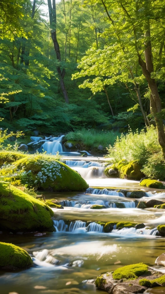 Create a serene and tranquil landscape that evokes feelings of peace and relaxation. The scene should include a gently flowing river winding through a lush, green forest. Soft sunlight filters through the trees, casting dappled light on the ground. A few birds can be seen flying in the sky, and wildflowers dot the riverbank. The overall atmosphere should be quiet and calm, with a sense of natural beauty and harmony