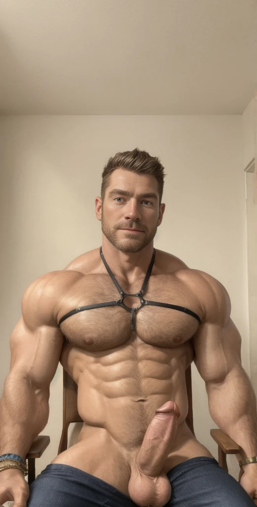 (masterpiece, intricately detailed, highest resolution, best quality:1.2),a cocky Reed Richards male model,a 30 y.o muscle stud with a muscular physique sitting on a chair with black eyes,dark-skinned male, wearing chest harness, bracelets, wristbands, flaccid penis,saggy balls,hairy chest,vascular,muscle striations,soft light,fantastic realism,