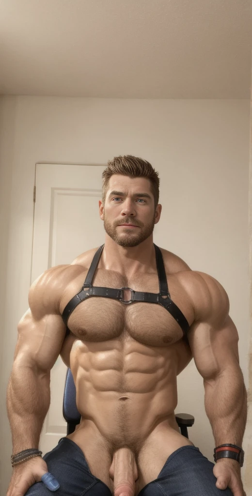 (masterpiece, intricately detailed, highest resolution, best quality:1.2),a cocky Reed Richards male model,a 30 y.o muscle stud with a muscular physique sitting on a chair with black eyes,dark-skinned male, wearing chest harness, bracelets, wristbands, flaccid penis,saggy balls,hairy chest,vascular,muscle striations,soft light,fantastic realism,