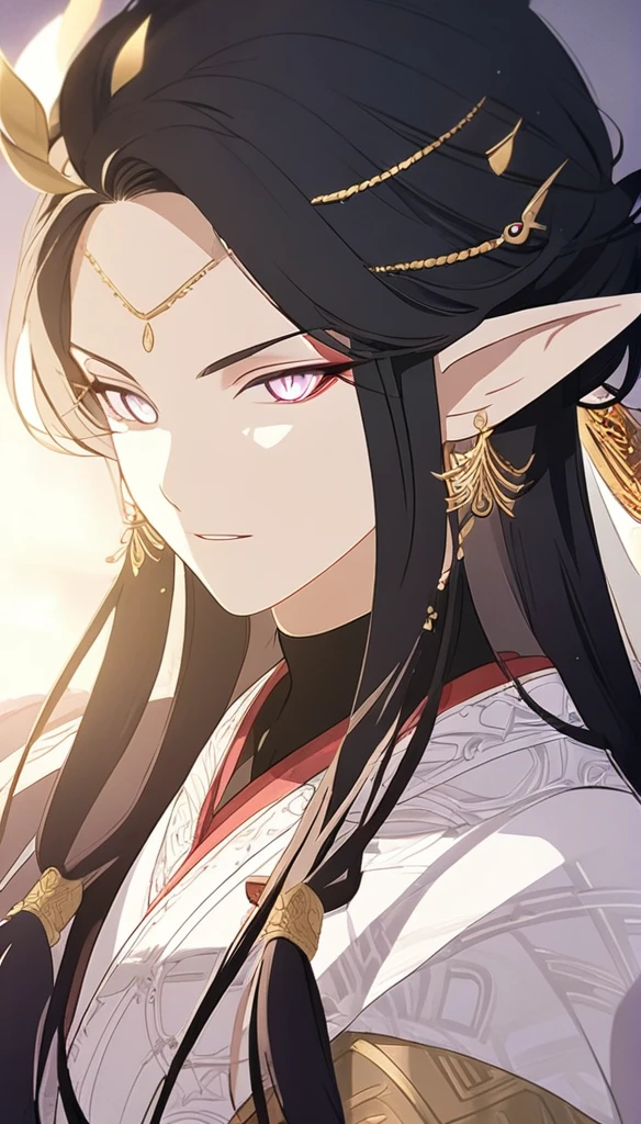 1man, elven ears, thai god, dark black hair, short fluffy hairstyle, glowing grey eyes, thai clothing,