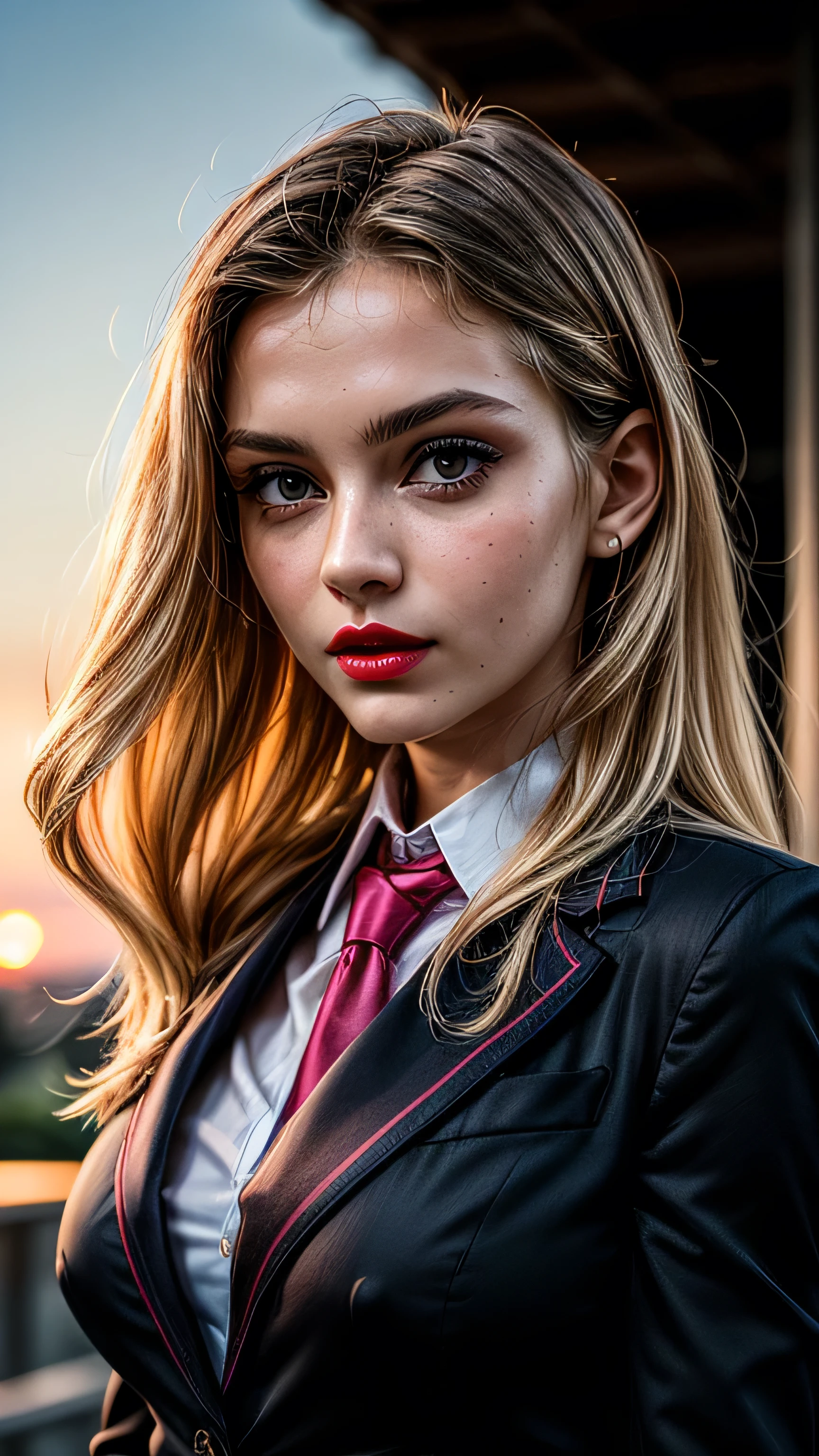 (masterpiece, photorealistic:1.4, extremely intricate:1.3, radiosity, photon mapping, dtx), ((nineteen female, teenage supermodel, ((business suit, black suit coat, pink silk men's business shirt, stepping to the side, serious, looking away, 19 years old, humid, bright red lips)), long eyelashes, makeup:1.3)), ((([skin detail:freckles:0.9], portrait, closeup))), outdoor, park, faraway city, professional photograph girl, (long straight hair [blonde hair:dark hair:0.7], wind), BREAK ((sunset), bokeh, blurry background), BREAK, ((([medium breasts:large breasts:0.6])))