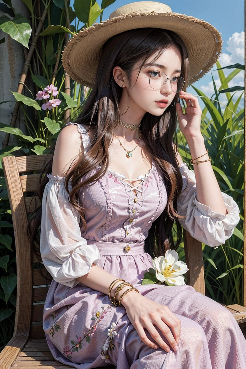 The captivatingly realistic photograph captures a young woman with long, wavy hair, round glasses and a wide-brimmed hat. She wears a choker necklace and multiple bracelets around her wrists. She is dressed in a very fashionable outfit, with a serene and artistic feel accentuated by the intricate floral pattern. The overall composition, in which the woman sits surrounded by a variety of flowers and plants, creates a vibrant and harmonious atmosphere.