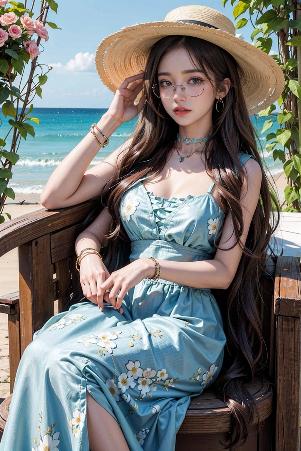 The captivatingly realistic photograph captures a young woman with long, wavy hair, round glasses and a wide-brimmed hat. She wears a choker necklace and multiple bracelets around her wrists. She is dressed in a very fashionable outfit, with a serene and artistic feel accentuated by the intricate floral pattern. The overall composition, in which the woman sits surrounded by a variety of flowers and plants, creates a vibrant and harmonious atmosphere.