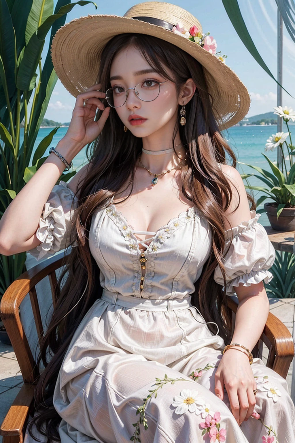 The captivatingly realistic photograph captures a young woman with long, wavy hair, round glasses and a wide-brimmed hat. She wears a choker necklace and multiple bracelets around her wrists. She is dressed in a very fashionable outfit, with a serene and artistic feel accentuated by the intricate floral pattern. The overall composition, in which the woman sits surrounded by a variety of flowers and plants, creates a vibrant and harmonious atmosphere.