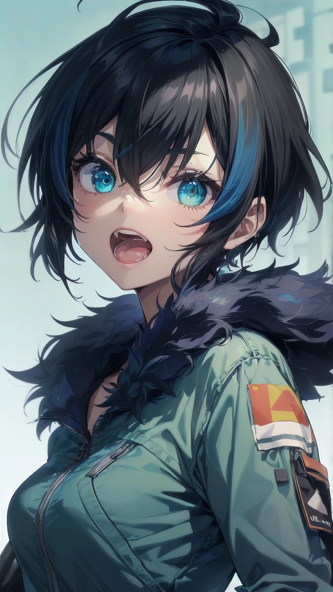 Close-up of a cartoon girl with blue hair and a yellow shirt, 2D Animation, 2D Animation style, 2D Art, 2D Art, 2D from Gorillaz, 2D from Gorillaz, 2D Gorillaz, Screaming Cerket, 2D Sprites, Jinx Face, short hair, Small breasts, hot pants, ((Black Hair, Bright blue fur inside:1.4))