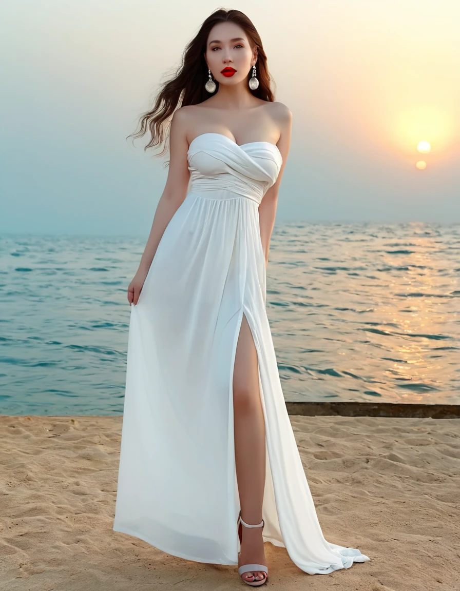 beautiful woman with long hair,hair styled, ((top quality、8k、Masterpiece:1.3))、Extremely delicate and beautiful girl,full-body shot,huge breast,amazing breast size, H cup, Bandeau maxi dress,sunset,sunset。 Wear big earrings,Very white skin,moist red lips, Reveal a little,White and smooth skin,Smooth and fair skin,flawless skin,Fair and shiny skin,cold white skin, bright light