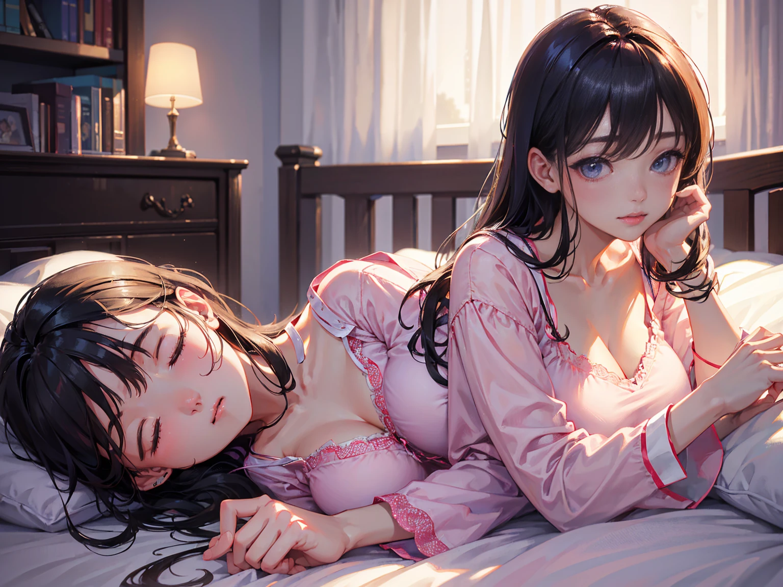Photorealistic、Highest quality、Highest Resolution、Highest quality、8K、Beautiful images、One beautiful woman、Beautiful woman、Delicate face、night、Bedroom、Cute pajamas、before sleep、Sleeping in bed、