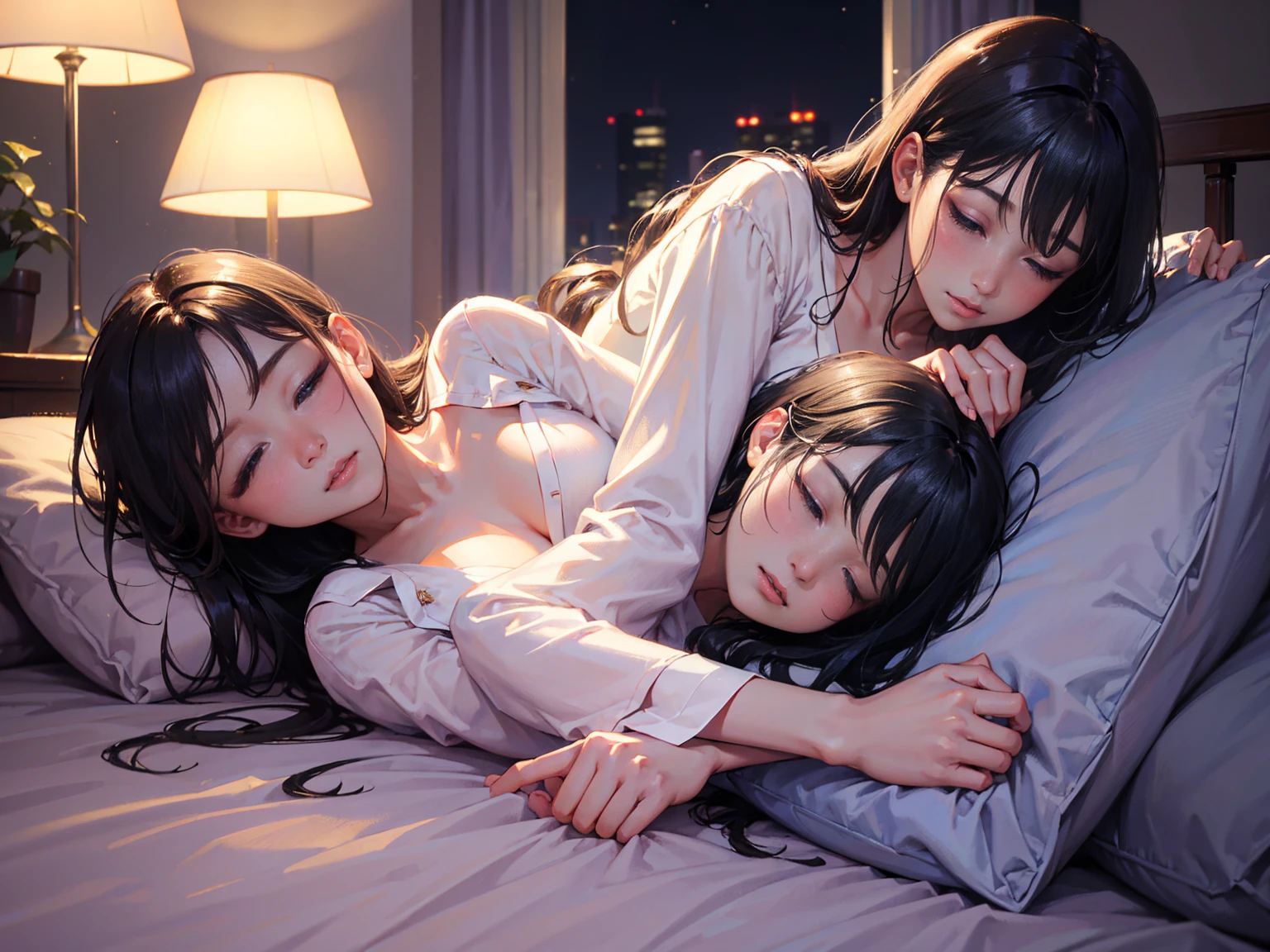 Photorealistic、Highest quality、Highest Resolution、Highest quality、8K、Beautiful images、One beautiful woman、Beautiful woman、Delicate face、night、Bedroom、Cute pajamas、before sleep、Sleeping in bed、