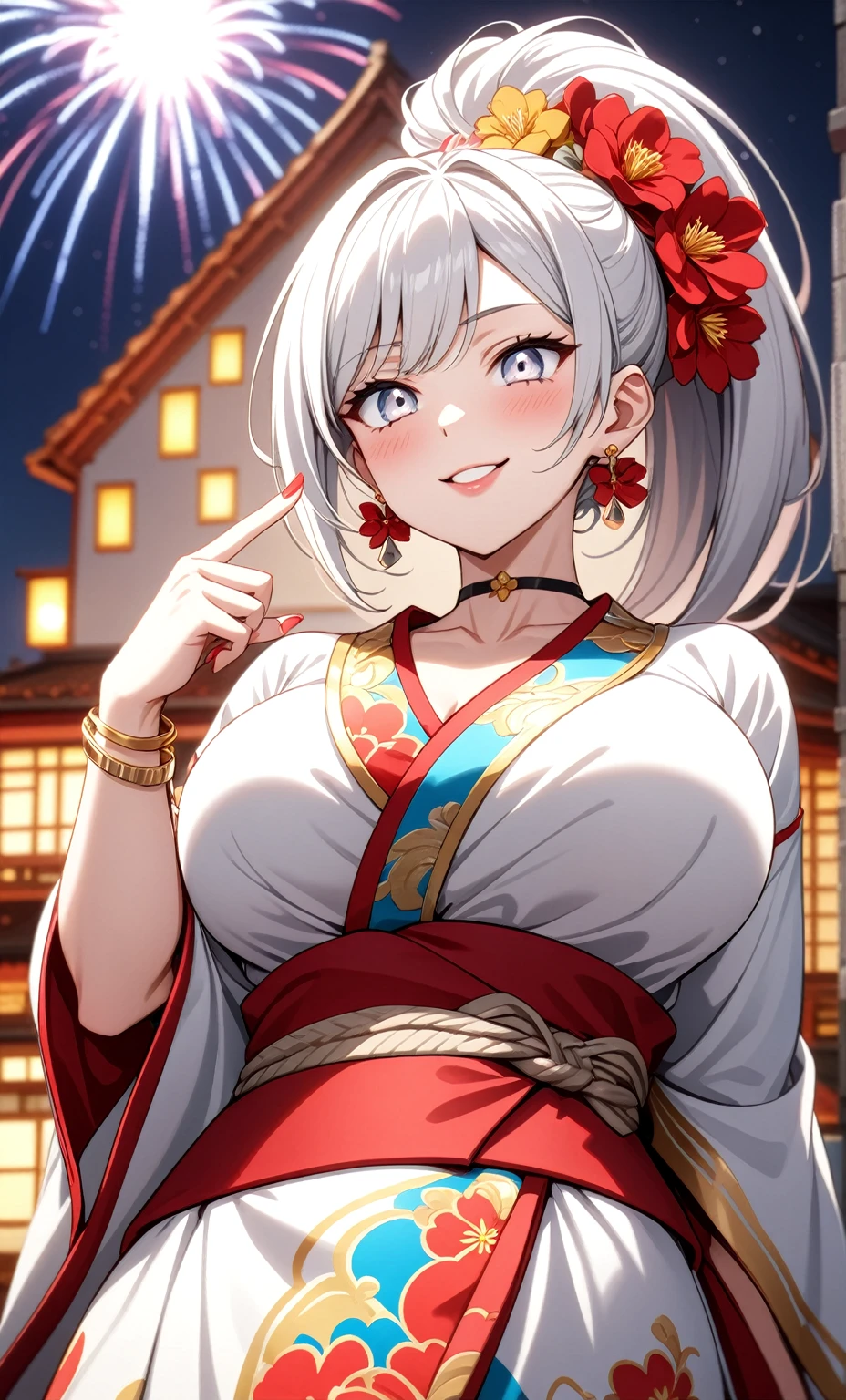 ((One personの女性)), Beautiful Face,((Wink:2.0)), ((smirk)),(head tilt), Laugh with your mouth wide open,((Bright red cheeks:1.4)),Shiny red lips,night,rooftop,You can see the ocean, firework,Laughing with your mouth open,Glossy pink lips,Facial lighting,((Anime style background)),masterpiece, Highest quality, so beautiful,up to date, Complex details, (Pink long nails), (4fingers and 1thumbs), (ring),(bracelet),(choker),AI-generated, Complex,High resolution, Highest quality, super high quality,3D Images、3D Images,One person,Long white hair,High Ponytail,(blue eyes),Anime woman posing for a photo, ((Fine grain、Silvery white colorful eyes、Shining Eyes:1.4)),(Squint your eyes:1.1),a hyperRealistic , hyperRealistic , Realistic,Anime woman with long white hair, Smooth anime CG art, A woman in a colorful kimono with gold embroidery, (Black long sleeve kimono),Red floral pattern,Long flower hair ornament,Earrings,Mature Body,(Big Breasts:1.1),Tall,Abdominal muscles,Narrow waist,(Zoom up to face:1.7),Shooting from diagonally below