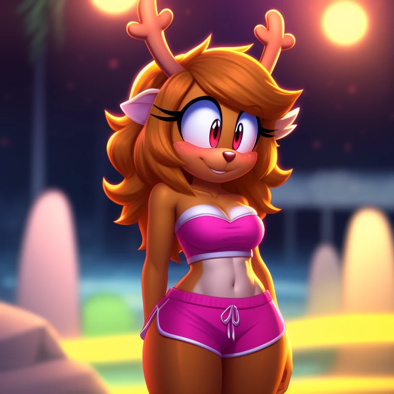 Noelle Holiday, pyjama elastic shorts, strapless crop top, cleavage, high-top sneakers, two-tone hair (brown hair, black tip)), curly hair, halo, sunglasses, jewelry, red eyes, longeyelashes, red eyes, smile, shy, blush, high detail, masterpiece, UHD, anatomically correct, super detail, highres, 4K