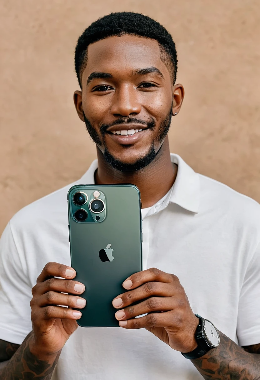 A man holding an iPhone 14 pro max {The man's body should not be visible, only his hand should be visible} 8k quality sharp details
