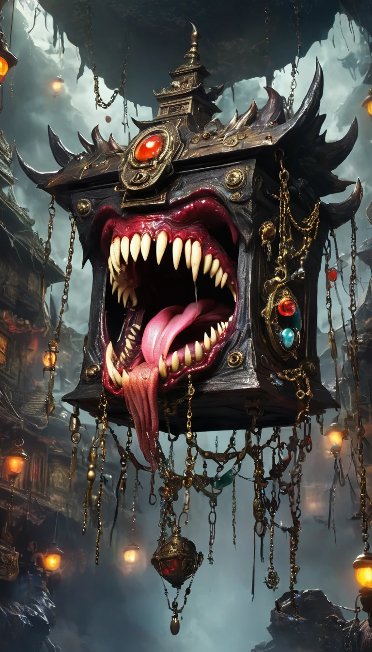 (masterpiece, best quality:1.2), dark，Fear，imitate，Suspension，Mimic，Treasure Box Monster，weird，Extra long tongue and vicious teeth. Scattered jewelry,Greedy should be open, Reveals a big, 