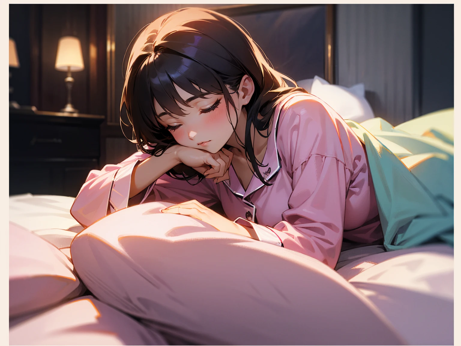 Photorealistic、Highest quality、Highest Resolution、Highest quality、8K、Beautiful images、One beautiful woman、Beautiful woman、Delicate face、night、Bedroom、Cute pajamas、before sleep、Sleeping in bed、