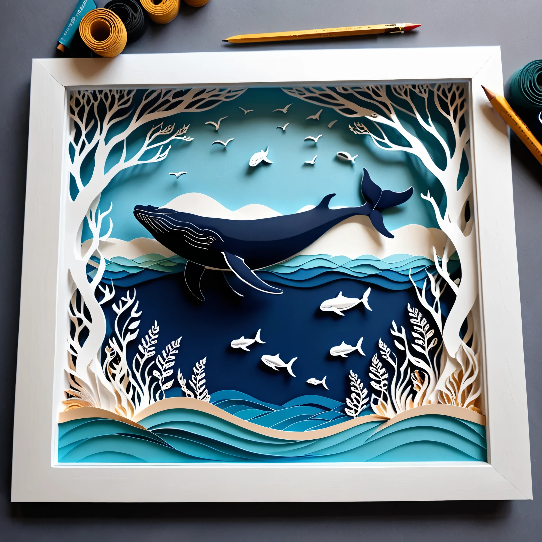 Create a detailed paper cutout artwork depicting a sea scene with a whale. The scene should include the vast ocean with waves gently rolling, a majestic whale breaching the surface or swimming gracefully beneath the water. The sky above should be clear or dotted with a few clouds, and the water should be teeming with marine life like fish and sea plants. The artwork should capture the grandeur and serenity of the ocean and the whale, highlighting the harmony between the sea and its inhabitants. The overall mood should be awe-inspiring and tranquil, showcasing the beauty of marine life