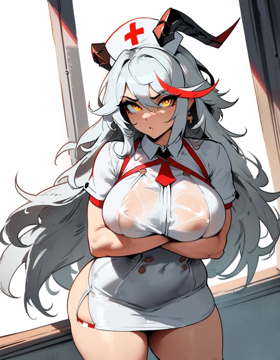 1girl, aegir \(azur lane\), azur lane \\\\\ masterpiece, best quality, very aesthetic, absurdres, newest \\\\\\ sportive body, \\\\\\ by nyantcha,,by cutesexyrobutts,by khyle ///// white hair with a single prominent red streak, black horns, yellow eyes, , white (nurse outfit:1.2), skirt, , white pencil skirt, nurse cap, , , a red cross on the cap, standing, (white background:1.2), hands crossed under breasts, rating general