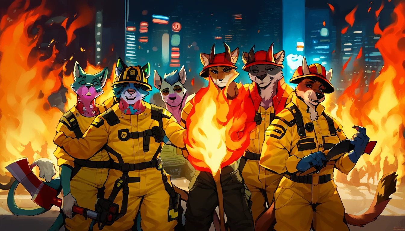 score_9, score_8_up, score_7_up, (cyberpunk city, wildfire, emergency, fire on background:1.5),
((furry:1.2), anthro, horns, crowd, group, gang, 2others, (female, male), (portrait, standing), (holding axe), ((wearing firefighter uniform), (wearing helmet)), ((bull fur)), muscular, beautiful, (have cyberpunk-style additions)