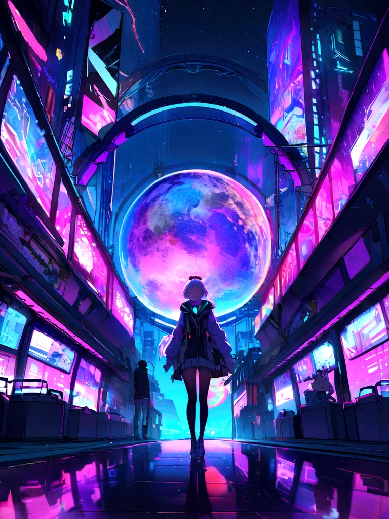 "Cyberpunk-inspired immersion, Neon light world, Be enchanted by the surreal sight of planets dominating the sky, Packed with fascinating digital art."