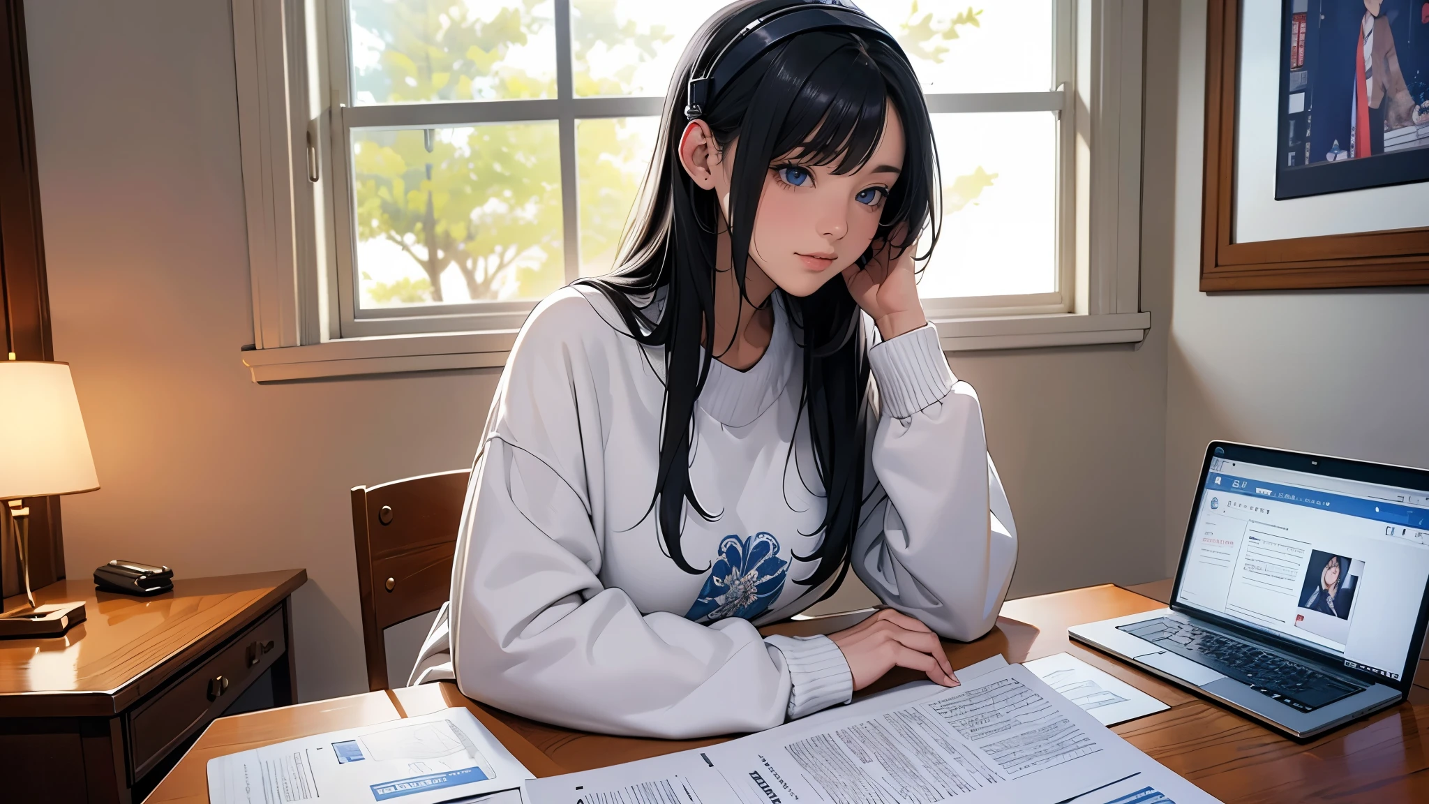 Ultra HD、super high quality、masterpiece、detailed、8K、The place is your room、A high school girl in her room１Person sitting and listening to music on headphones、Studying at a desk、15-year-old high school girl、The high school girl is Russian and has long black hair.、Has blue eyes、She has a flower tattoo and a glamorous figure.、The clothes she&#39;s wearing are a camisole and a miniskirt、Knee-high、Pretty sexy、Lo-Fi images