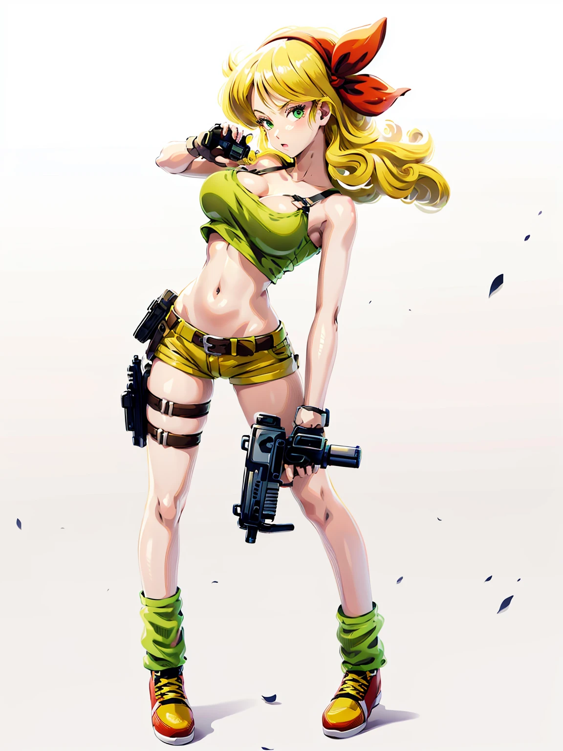 1girl, solo, weapon, blonde hair, shorts, gloves, gun, breasts, long hair, midriff, crop top, fingerless gloves, navel, shoes, full body, green eyes, curly hair, cleavage, short shorts, hairband, submachine gun, yellow shorts, socks, holding weapon, holding, holster, simple background, tank top, sneakers, standing, belt, handgun, holding gun, white background, thigh holster, hair ribbon, collarbone, large breasts, bow, loose socks, medium breasts, ribbon, looking at viewer