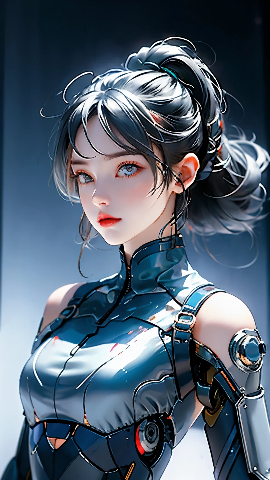An image of a woman wearing colorful tech clothing, Fluid surreal style, shining/smooth, Accurate and realistic, Hard Surface Modeling, Precisionism, Light silver and sky blue, project/Construction and design