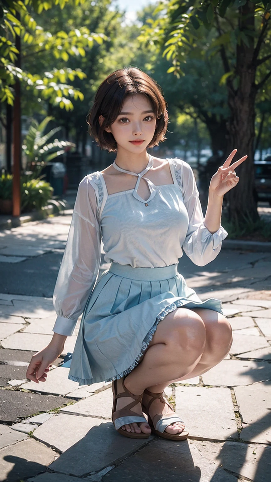 (8k, highest quality, masterpiece: 1.2), ultra detail, highest quality, ultra high resolution, professional lighting, photon mapping, radiosity, physically based rendering, cinematic lighting, depth of field, focusing, sun rays, good composition, (bokeh: 1.2), 1 girl, (full body), smile, beautiful eyes, pose, constriction, brown hair, short hair, prairie blouse light blue, skirt,park,hand {fingers} Kawaii {finger} hand,