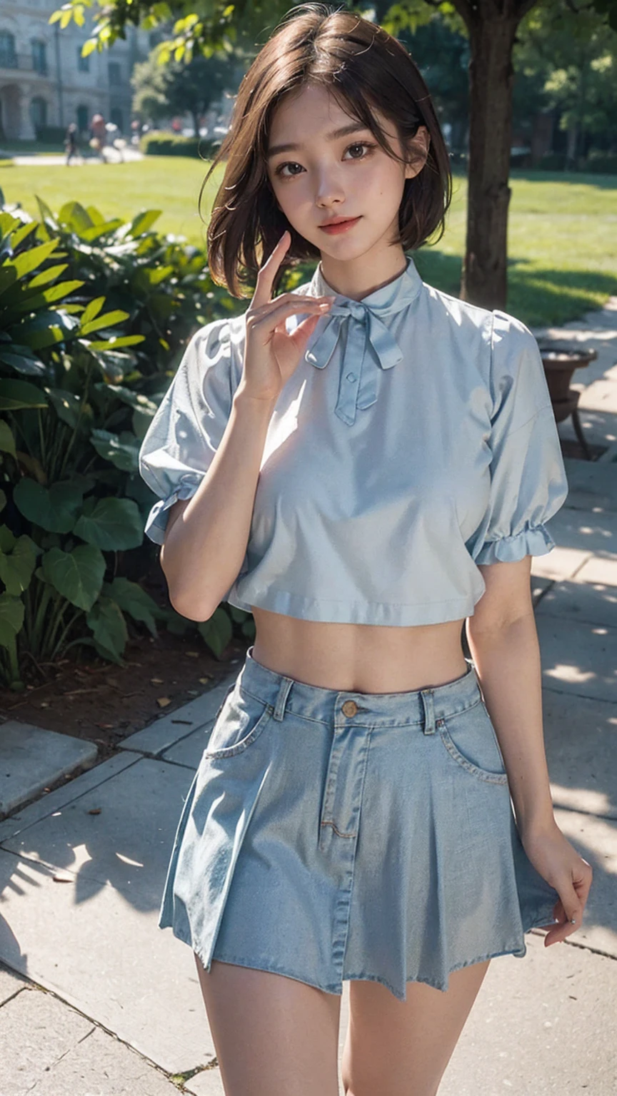 (8k, highest quality, masterpiece: 1.2), ultra detail, highest quality, ultra high resolution, professional lighting, photon mapping, radiosity, physically based rendering, cinematic lighting, depth of field, focusing, sun rays, good composition, (bokeh: 1.2), 1 girl, (full body), smile, beautiful eyes, pose, constriction, brown hair, short hair, prairie blouse light blue, skirt,park,hand {fingers} Kawaii {finger} hand,