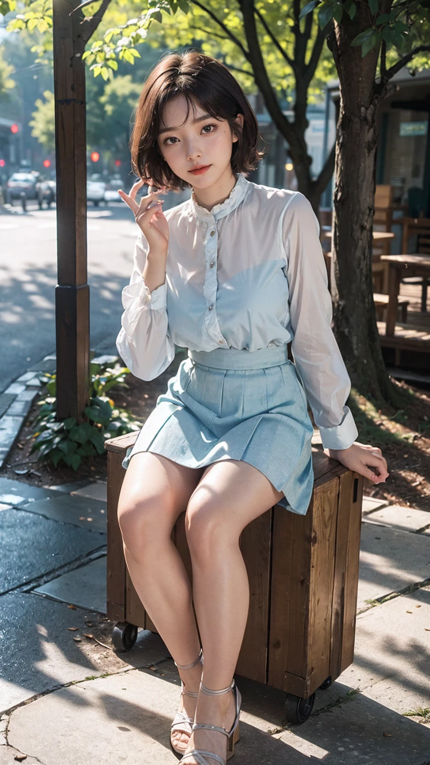 (8k, highest quality, masterpiece: 1.2), ultra detail, highest quality, ultra high resolution, professional lighting, photon mapping, radiosity, physically based rendering, cinematic lighting, depth of field, focusing, sun rays, good composition, (bokeh: 1.2), 1 girl, (full body), smile, beautiful eyes, pose, constriction, brown hair, short hair, prairie blouse light blue, skirt,park,hand {fingers} Kawaii {finger} hand,
