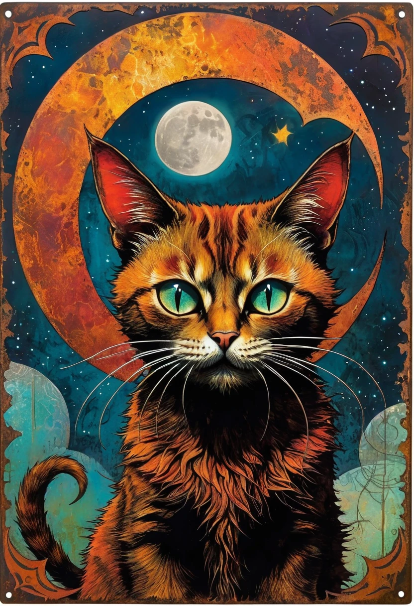 decorative rusty metal sign with a drawing of a satanic cat and a moon, artwork inspired by dave mcKean, vivid colors, intricate details, oil.
