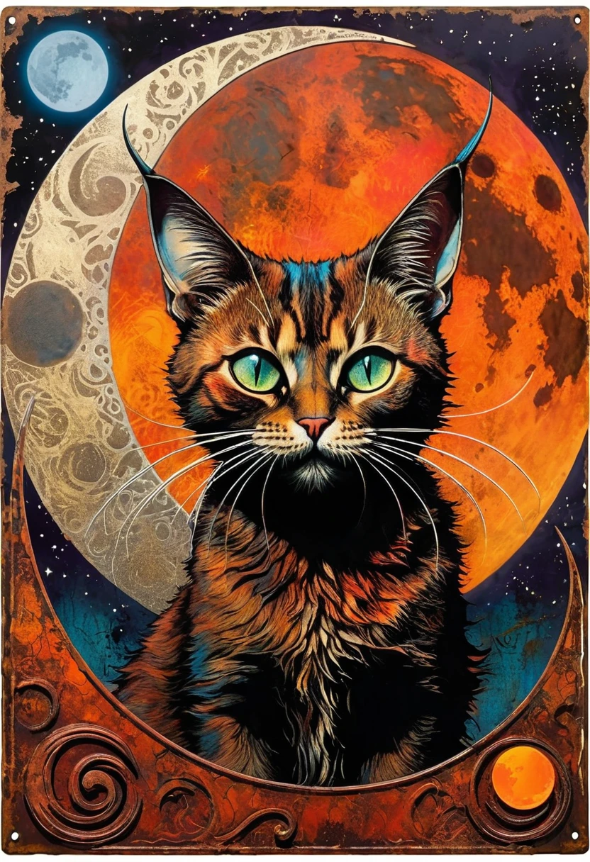 decorative rusty metal sign with a drawing of a satanic cat and a moon, artwork inspired by dave mcKean, vivid colors, intricate details, oil.