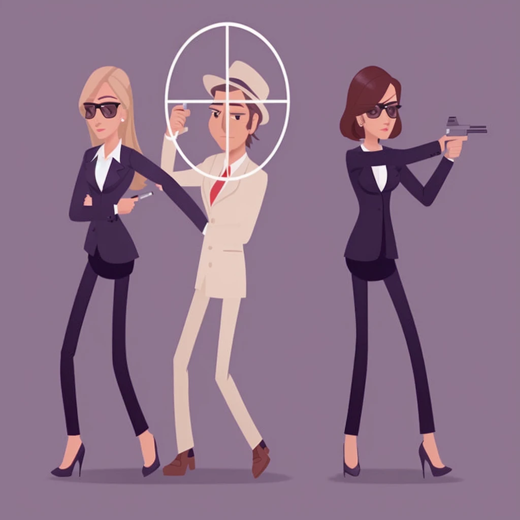 a woman in a suit and a man in a suit, female spy, animation real style, real animation style, shooting pose, animation style, professional graphic, animated character design, Female Bodyguards Targets, two female bodyguards with guns surround boss and protect him