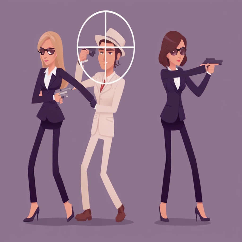 a woman in a suit and a man in a suit, female spy, animation real style, real animation style, shooting pose, animation style, professional graphic, animated character design, Female Bodyguards Targets, two female bodyguards with guns surround boss and protect him