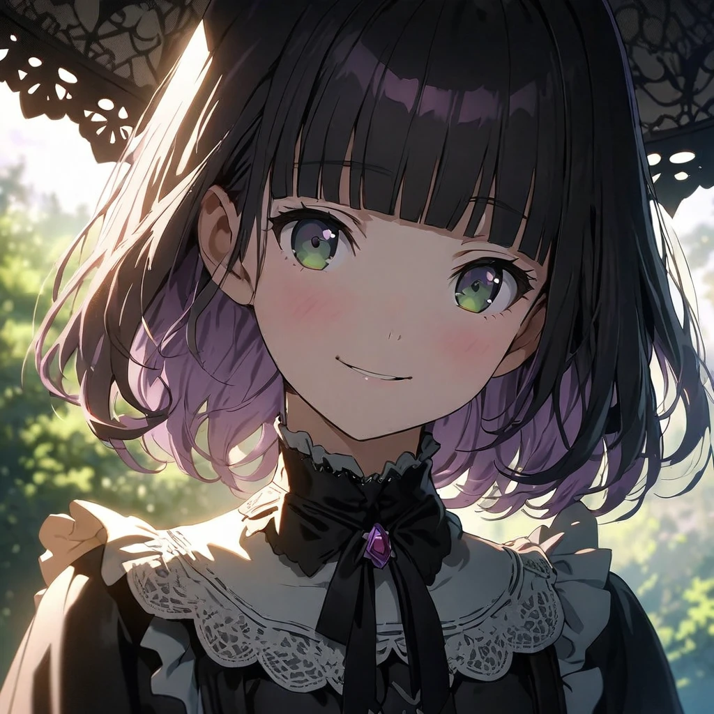 (Cute a girl:1.5), (masterpiece:1.3), anime visual, (Lovey-dovey:1.5), (tilt head:1.3), extremely delicate face, realistic lighting and shading, (an extremely delicate and beautiful art:1.3),15 years old,smiling,(pale purple wavy and blunt bangs hair,green and black eyes,portrait:1.5)from front,fullbody shot,full body shot,White brim, black gothic maid outfit, lace parasol, black knee-high socks, leather shoes, outdoors,morning lit,