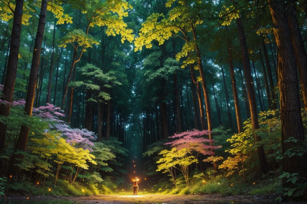 ((best quality)), ((masterpiece)), (detailed), forest filled with a swarm of rainbow coloured, glowing fireflies